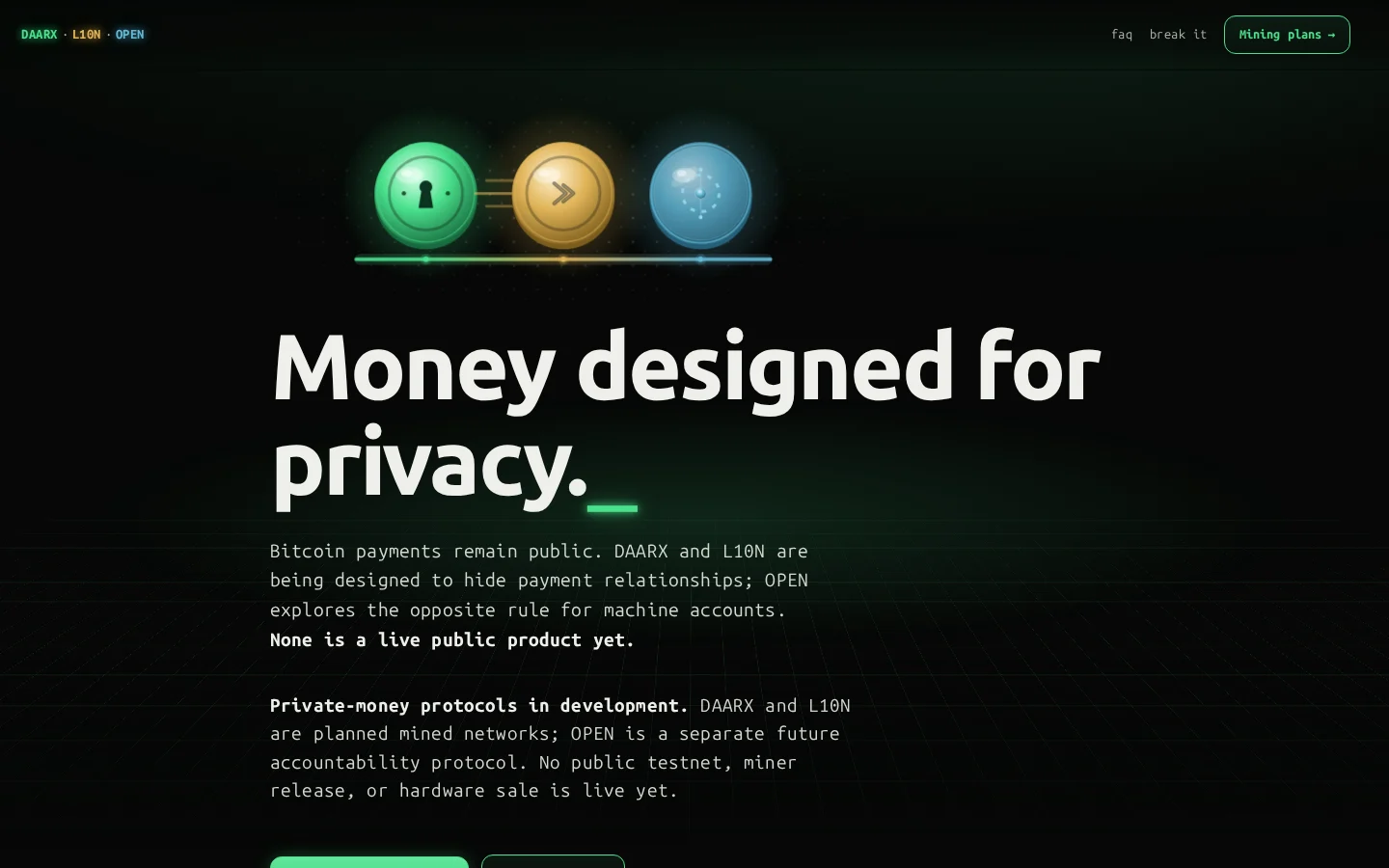 The dark DAARX protocol website, with privacy-focused messaging and green, gold, and blue cryptographic symbols.