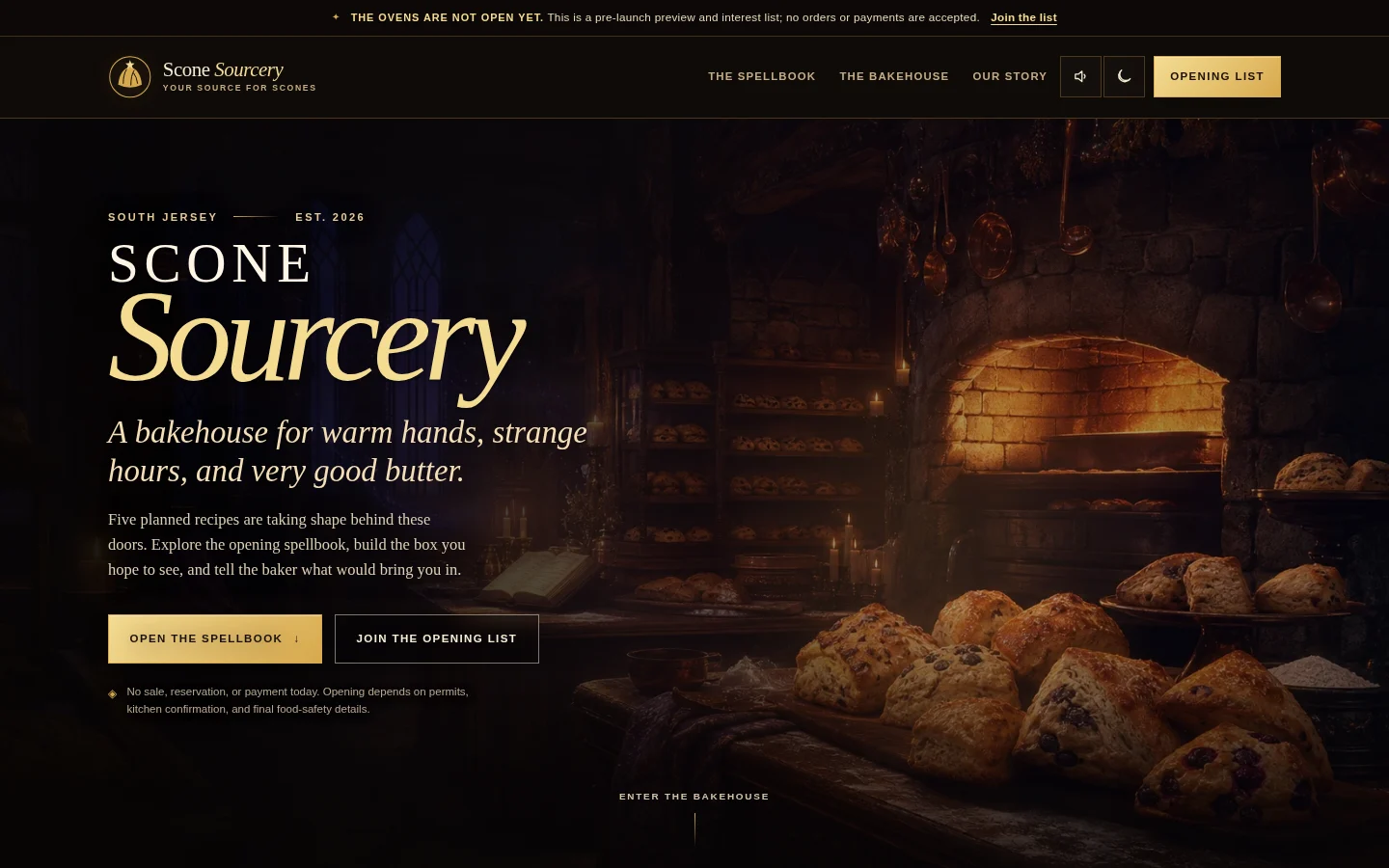 The candlelit SconeSourcery wizard bake shop website, with an enchanted oven, spellbook menu, and magical scones.