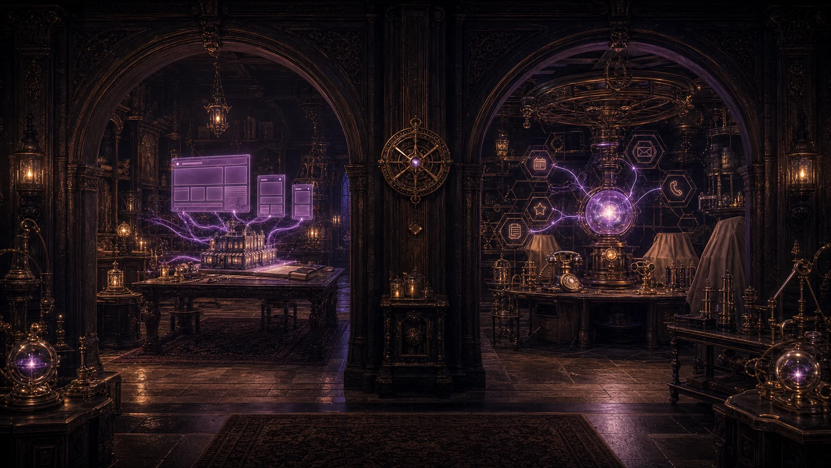 A candlelit arcane workshop with two grand doors, one opening toward a crafted digital storefront and one toward a mechanical hive chamber.